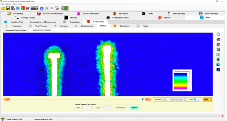 Mesh and calculated contour levels: vertical slice between centers of two given caverns during a workover